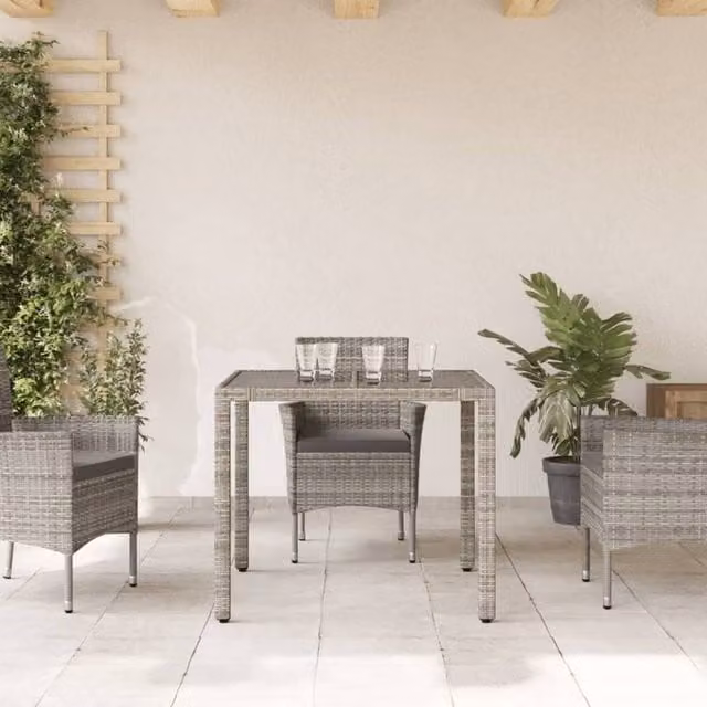 Berkfield Home Grey Poly Rattan Garden Table with Glass Top, W/D/H: 90 x 90 x 75 cm – 1