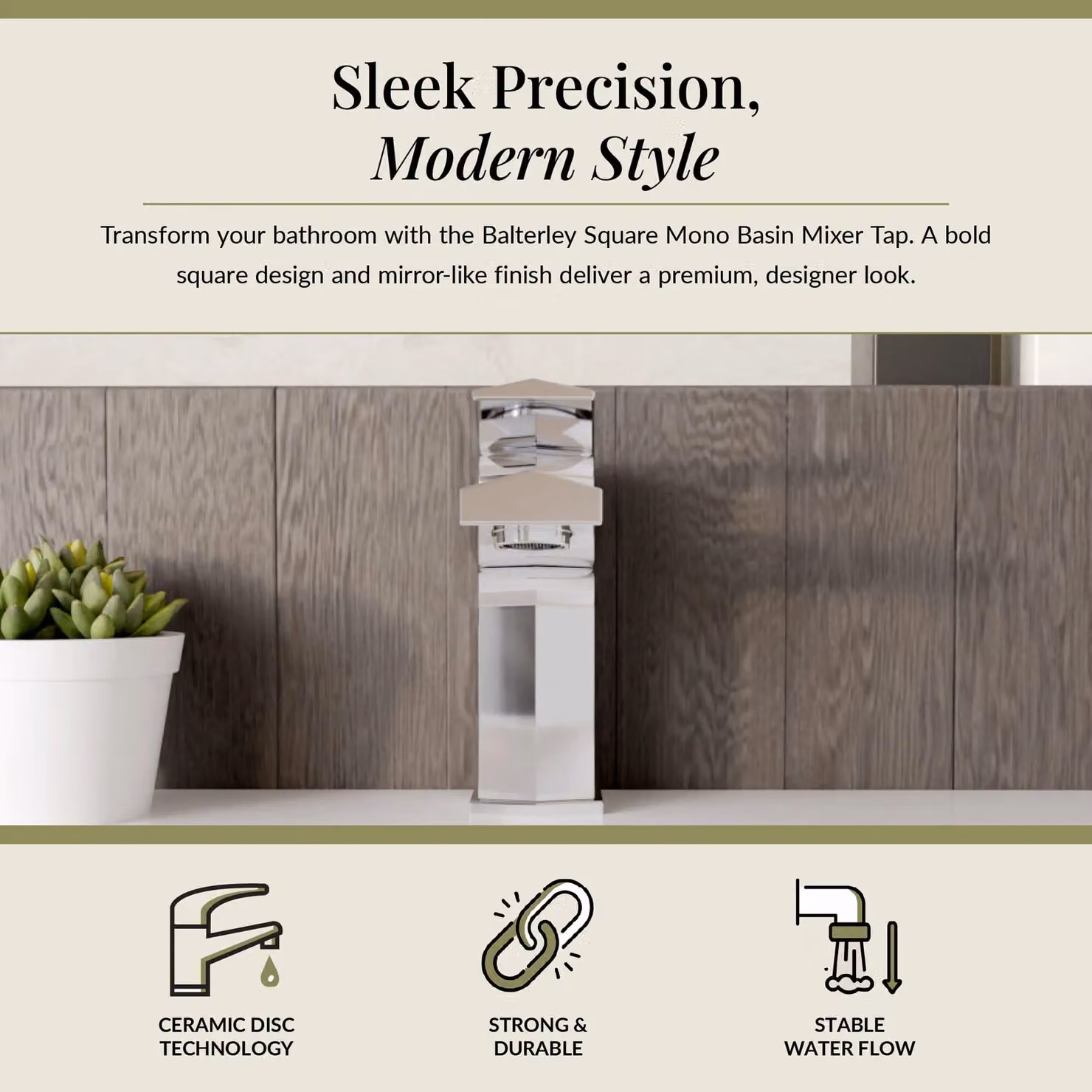 Balterley Square Mono Basin Mixer Tap with Single Lever and Push Button Waste, Chrome – 2