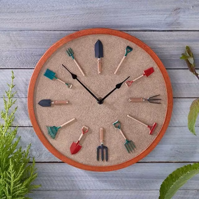 Garden Mile Classic Round Analog Garden Tools Wall Clock in Multicolour and Brown