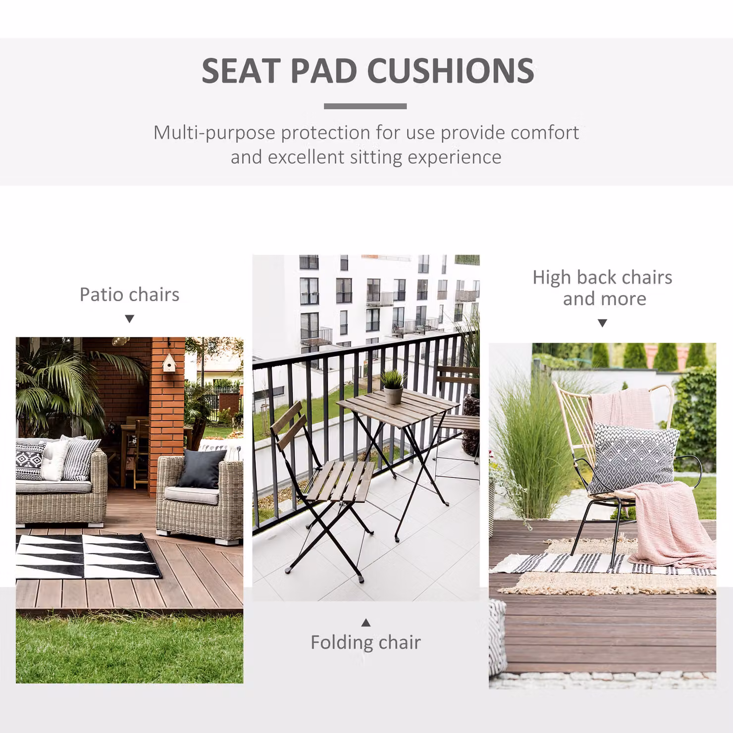 Outsunny Set of 2 Water Repellent Replacement Garden Seat Cushion Pads with Ties, Grey, W/D/H: 45 x 45 x 45 cm – 6