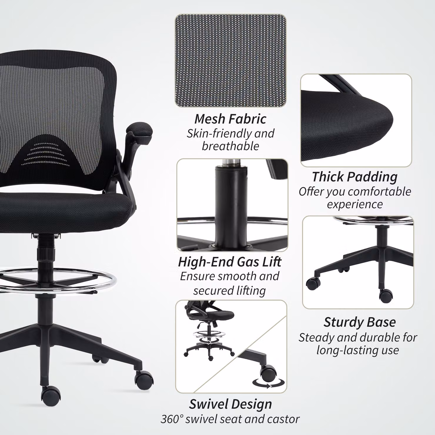 Vinsetto Black Mesh Drafting Chair with Flip-up Armrests, 360 Degree Swivel and Foot Ring for Home Office and Standing Desks – 5