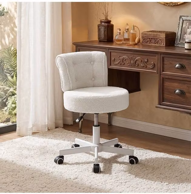 Living and Home White Bouclé Fabric Height-Adjustable Swivel Vanity Task Chair with Castors