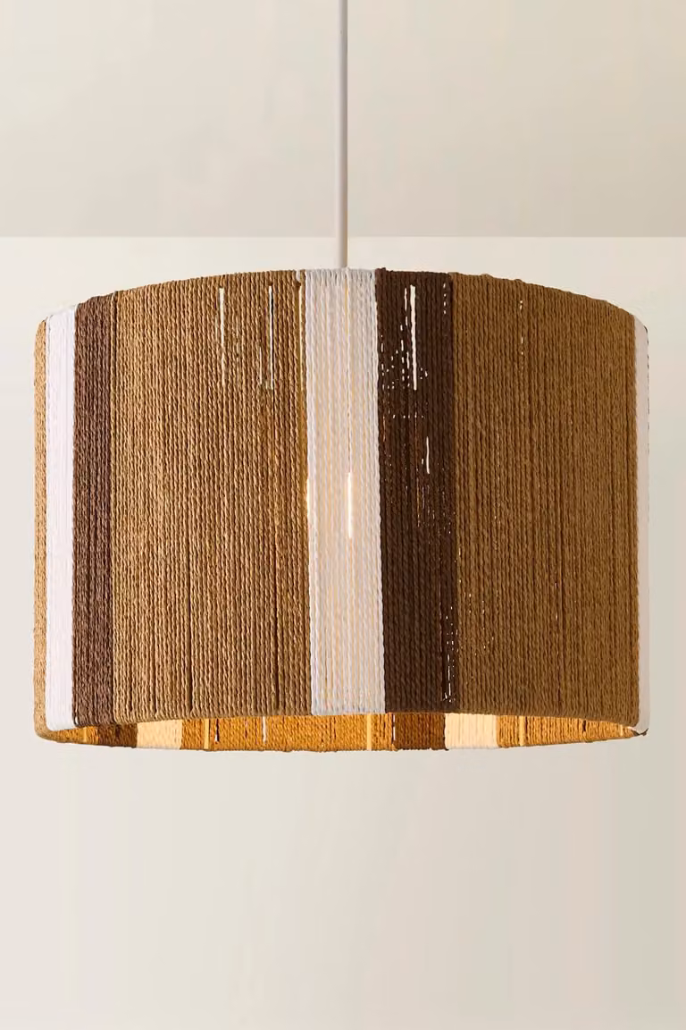 ValueLights Erica Natural Rattan Stripe Drum Ceiling Pendant Lamp Shade with LED Bulb, Beige/Sand, W/D/H: 45 x 30 x 30 cm