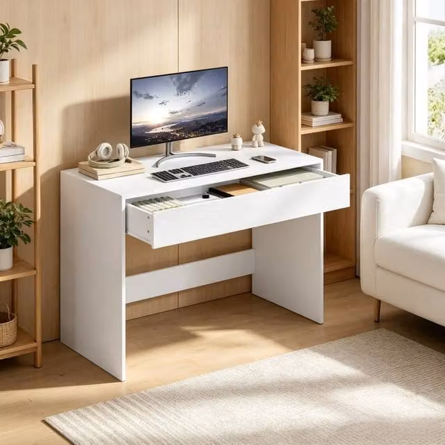Merax Modern White Computer Desk with Drawer for Home Office and Bedroom, W: 100 cm – 1