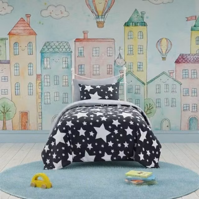 Snug City Stars Kids Teddy Fleece Duvet Cover and Pillowcase Set, Grey, Single – 1
