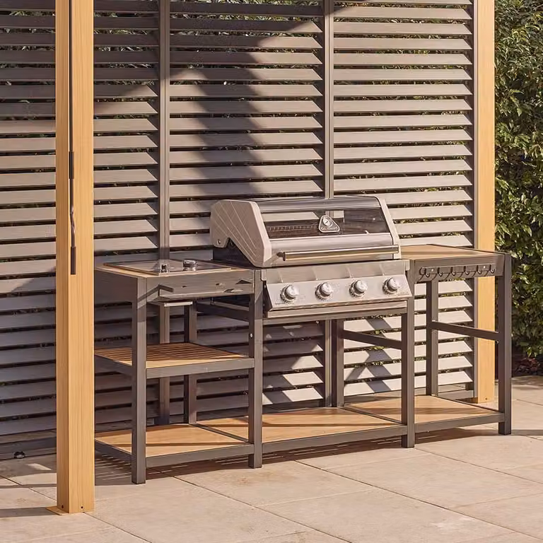 Leisure Grow Savannah Hybrid Outdoor Kitchen with 4 Burners, Side Burner, Warming Rack and Thermometer in Charcoal and Oak