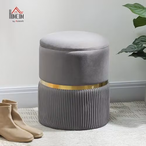 HOMCOM Round Velvet Storage Stool and Pouffe in Grey, W/D/H: 36 x 36 x 44 cm – 2