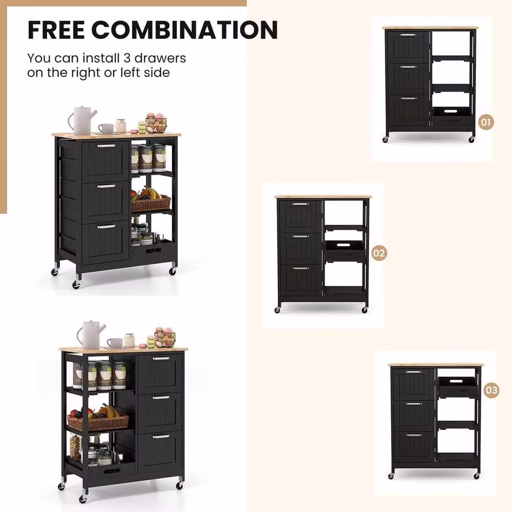 VOGREX Black Rolling Utility Kitchen Storage Trolley with Lockable Wheels and Wood Shelving – 3