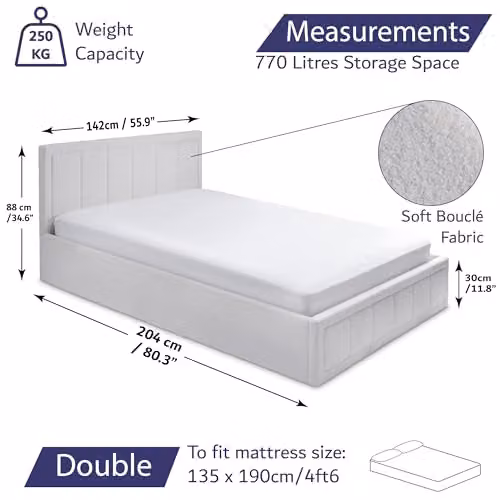 Home Treats White Upholstered Ottoman Bed with Pocket Sprung Mattress in Plush Bouclé Fabric, W/D/H: 140 x 200 x 39 cm – 2