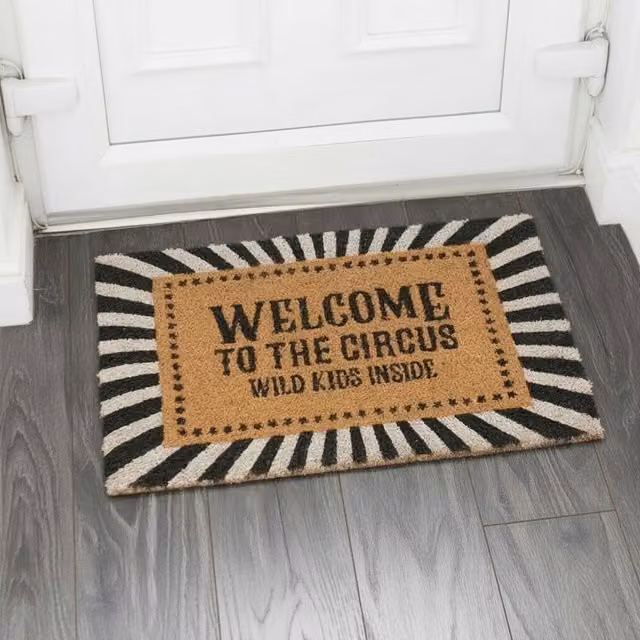 Kingsbury Gifts Welcome to the Circus Striped Coir Doormat, Brown, Black and White