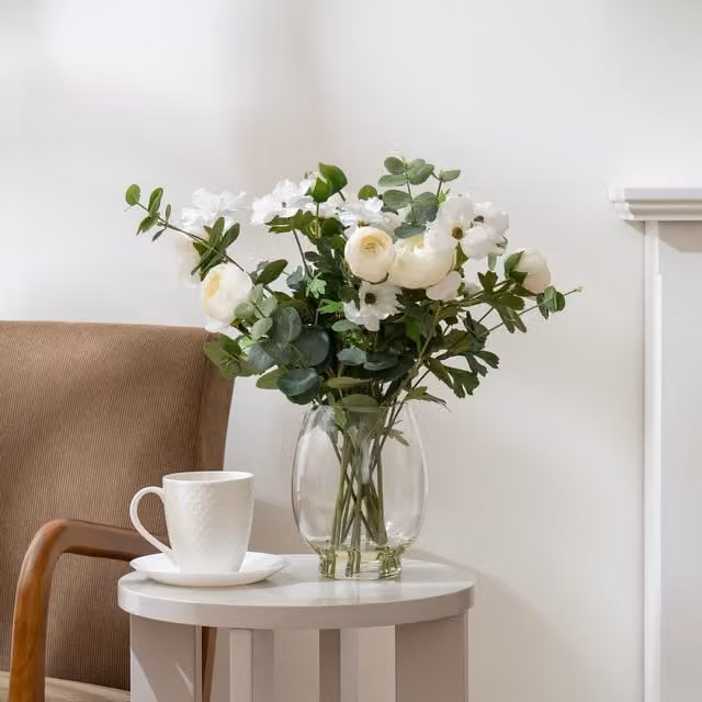 Scottish Everlastings Ltd Green and White Ranunculus Floral Arrangement in a Glass Vase, Height: 42 cm