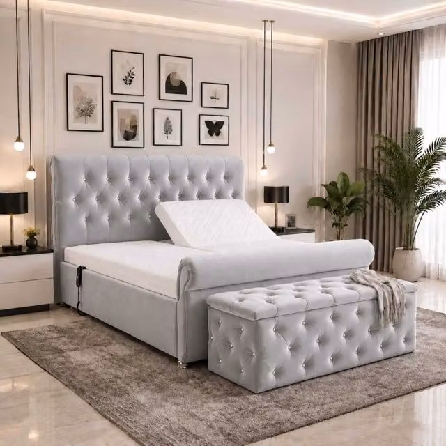 K Mehmood Enterprise Ltd Harmony Adjustable Motorised Mobility Bed with Foam Mattress and Upholstered Headboard in Grey and Silver