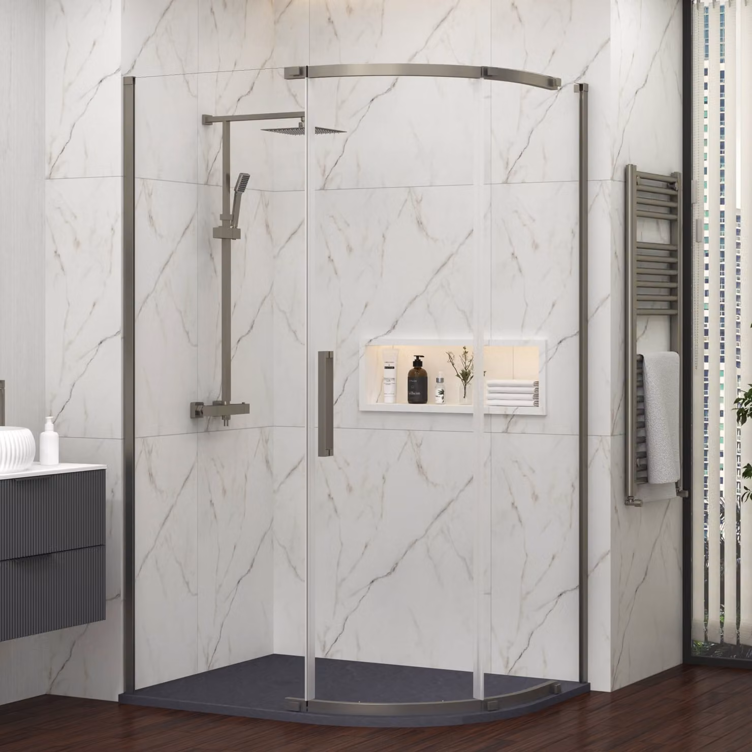 Royal Bathrooms Chelsea Single Door Offset Quadrant Shower Enclosure with Grey Stone Tray, Gun Metal Grey, W: 120 cm, D: 80 cm, H: 195 cm
