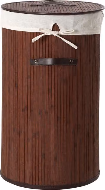 Orsina Dark Brown Round Laundry Hamper with Lid and Side Handles, Bamboo and Cotton Basket – 1