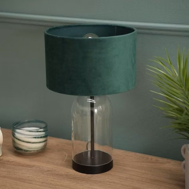 ValueLights Jessy Black Glass and Metal Table Lamp with Forest Green Fabric Shade