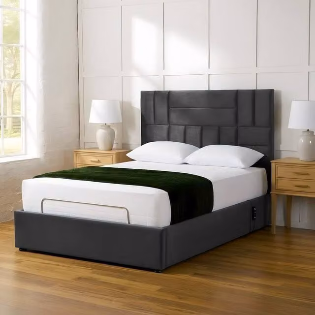 Paradise Beds Ltd Electric Adjustable Panel Mobility Bed with Headboard and Mattress, Dark Grey, Small Single