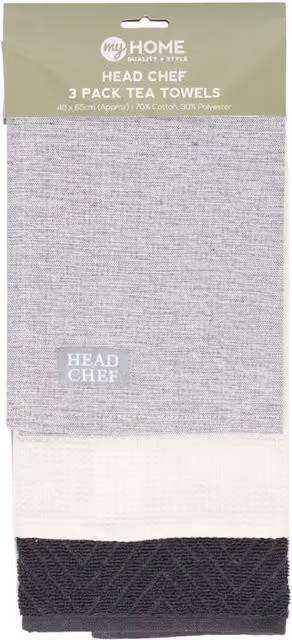 My Home Pack of 3 Grey and Multicolour Cotton Head Chef Tea Towels