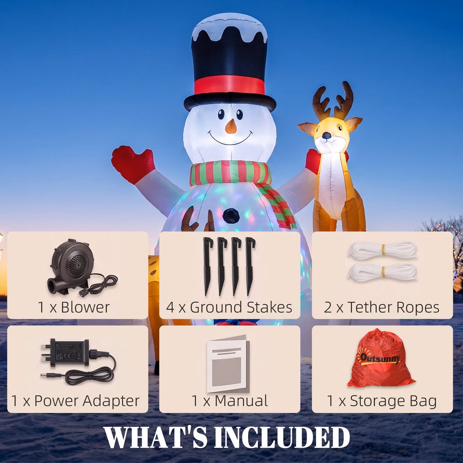 Outsunny 7ft Giant Christmas Inflatable Snowman with 2 Reindeer and LEDs, White and Brown Outdoor Blow Up Decoration – 7