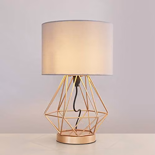 MiniSun Modern Copper Metal Basket Touch Table Lamp with Grey Fabric Shade – 3