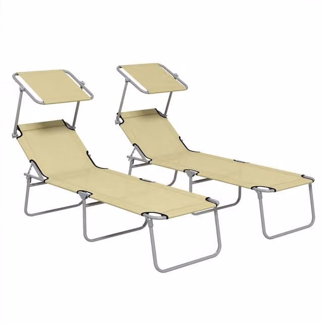 Outsunny Set of 2 Foldable Outdoor Sun Loungers with Adjustable Backrest and Sun Shade Awning, Beige