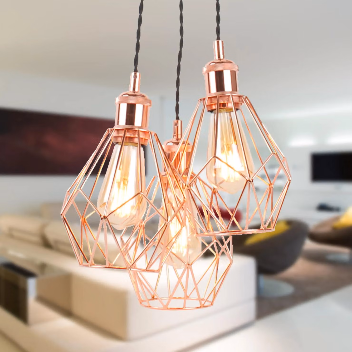 First Choice Lighting Matt Black and Copper Geometric 3 Light Cluster Pendant – 2