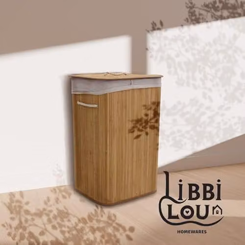 Libbi Lou Bamboo Laundry Basket with Lid and Handles, 72L, Brown, W: 60 cm, D: 40 cm, H: 30 cm – 2