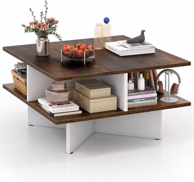 Gymax 2-Tier Square Coffee Table in Dark Brown, W/D/H: 60 x 60 x 33 cm