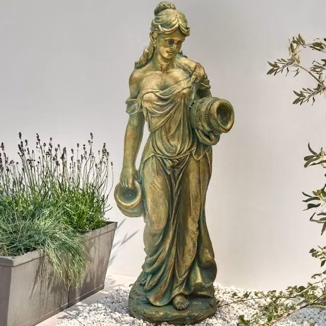 Wyld and Coco Heritage Woman Water Carrier Ceramic Figurine, Green, Height: 115 cm