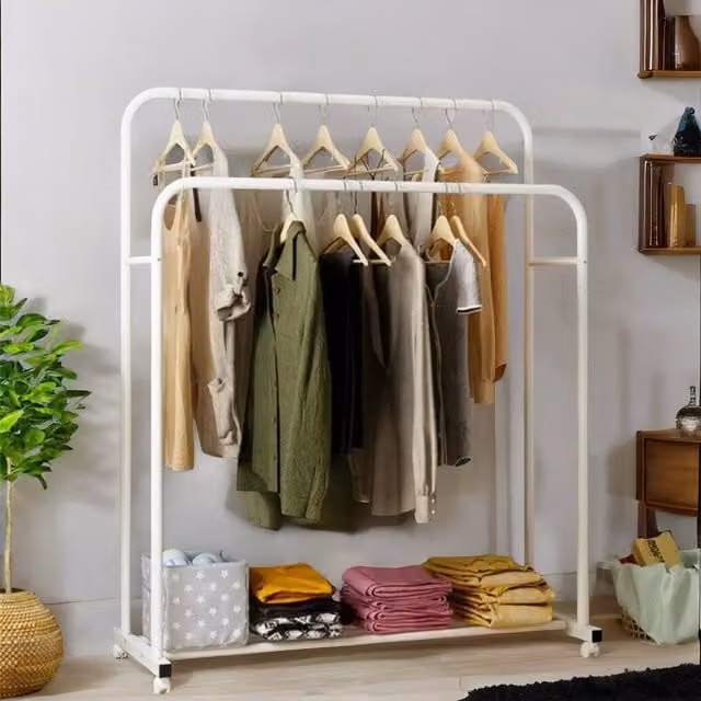 Pirlo Plush Heavy Duty Metal Clothes Rail Open Wardrobe with Storage Shelf on Wheels, White