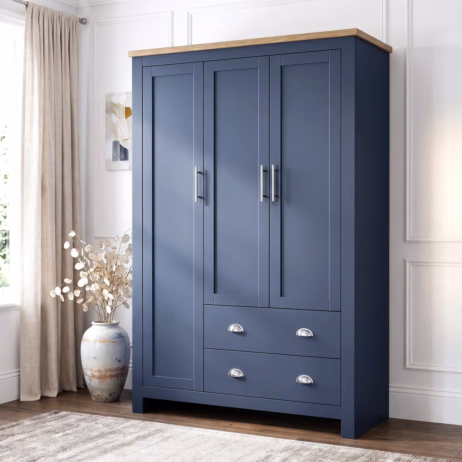 DHS Shaker Triple Wardrobe with Drawers and Shelves in Blue, H 180 x W 120 x D 52 cm