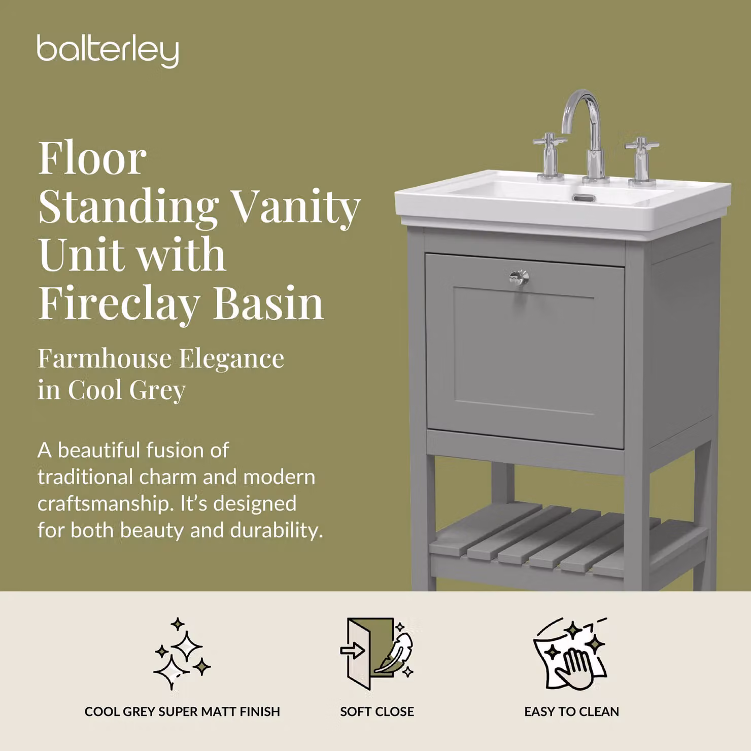 Balterley Straight Bathroom Floor Vanity with 1 Drawer and 3 Tap Hole Basin, Cool Grey – 2