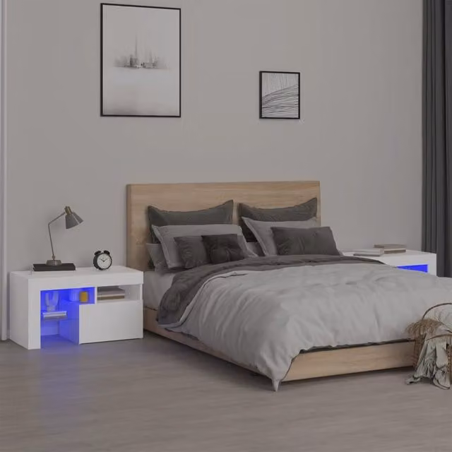 Berkfield Home Set of 2 Modern White Bedside Cabinets with Integrated LED Lights, W/D/H: 70 x 36.5 x 40 cm