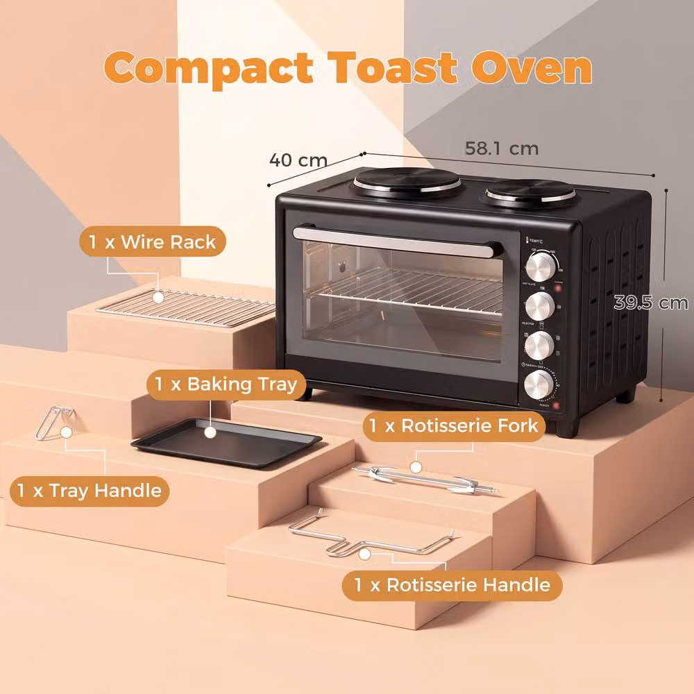 HOMCOM 46L Mini Electric Countertop Oven with Dual Hot Plates and Grill, Black – 3