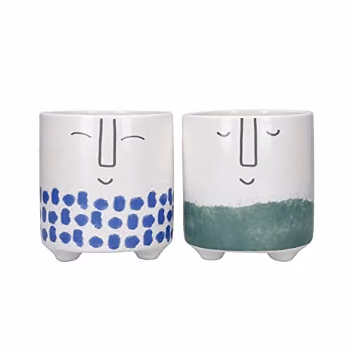 KitchenCraft Set of 2 Ceramic Face Planters in Blue, Green and White, H 11 cm x W 1 cm x D 1 cm
