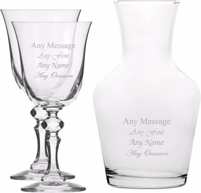 Uniqueful Personalised Crystal Jasmine Wine Glasses and Vin Carafe Set, Clear