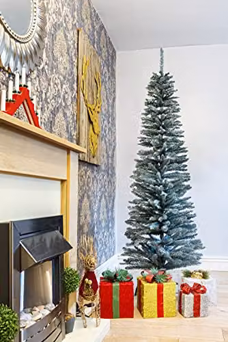 Shatchi Artificial Flocked Slim Christmas Pencil Tree in Frosty Green with Metal Stand, Height: 180 cm – 2