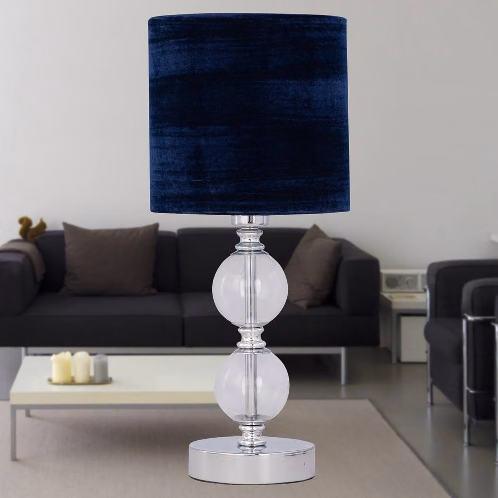 First Choice Lighting Set of 2 Chrome Two Ball Table Lamps with Navy Blue Velvet Shades – 3