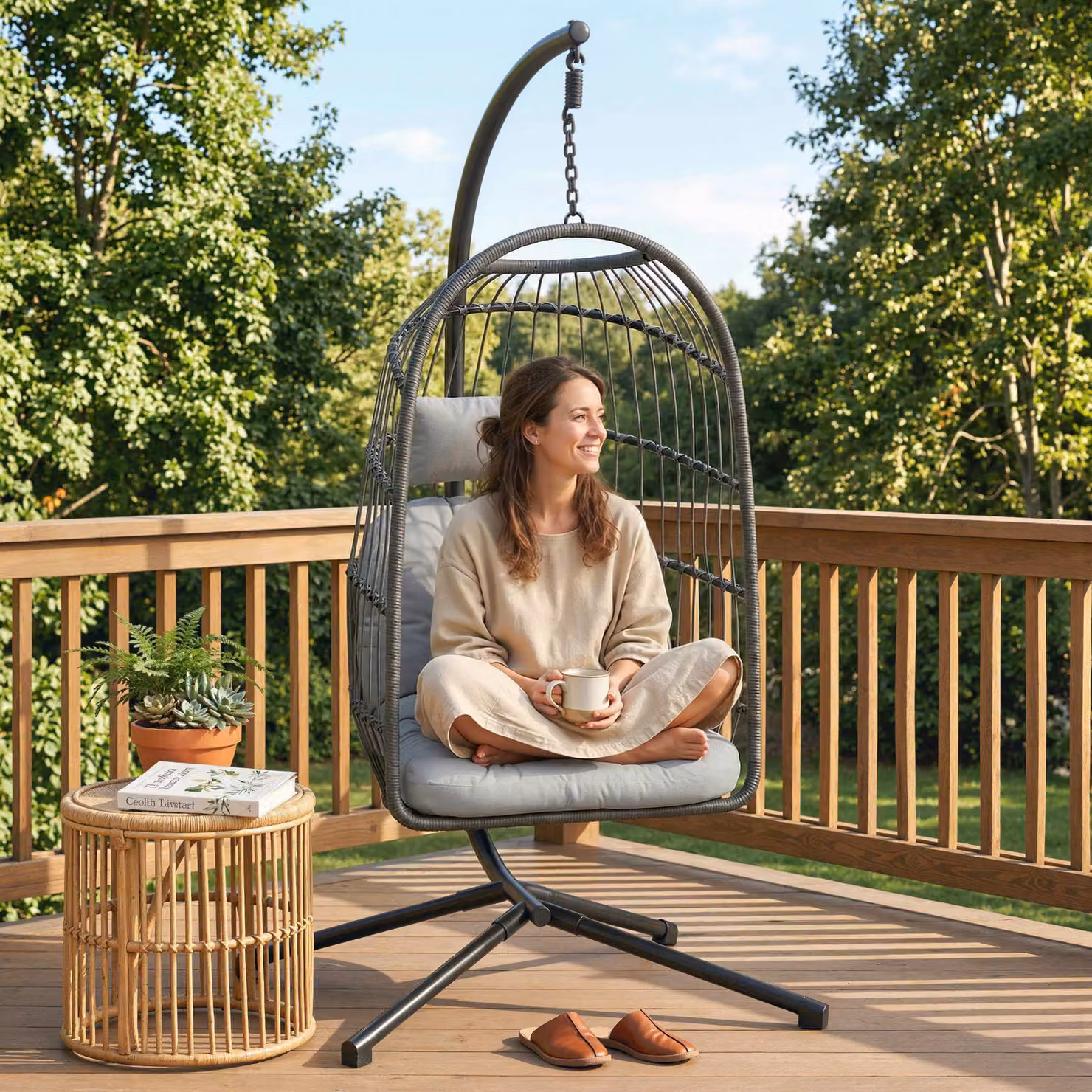 Outsunny Hanging Egg Chair with Stand and Cushions, Grey Metal Frame Hammock Swing for Indoor and Outdoor Use – 6