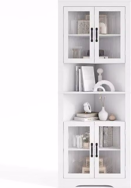 KORVIXA White Tall Corner Cabinet with Glass Doors and Internal Shelves, Height: 171 cm