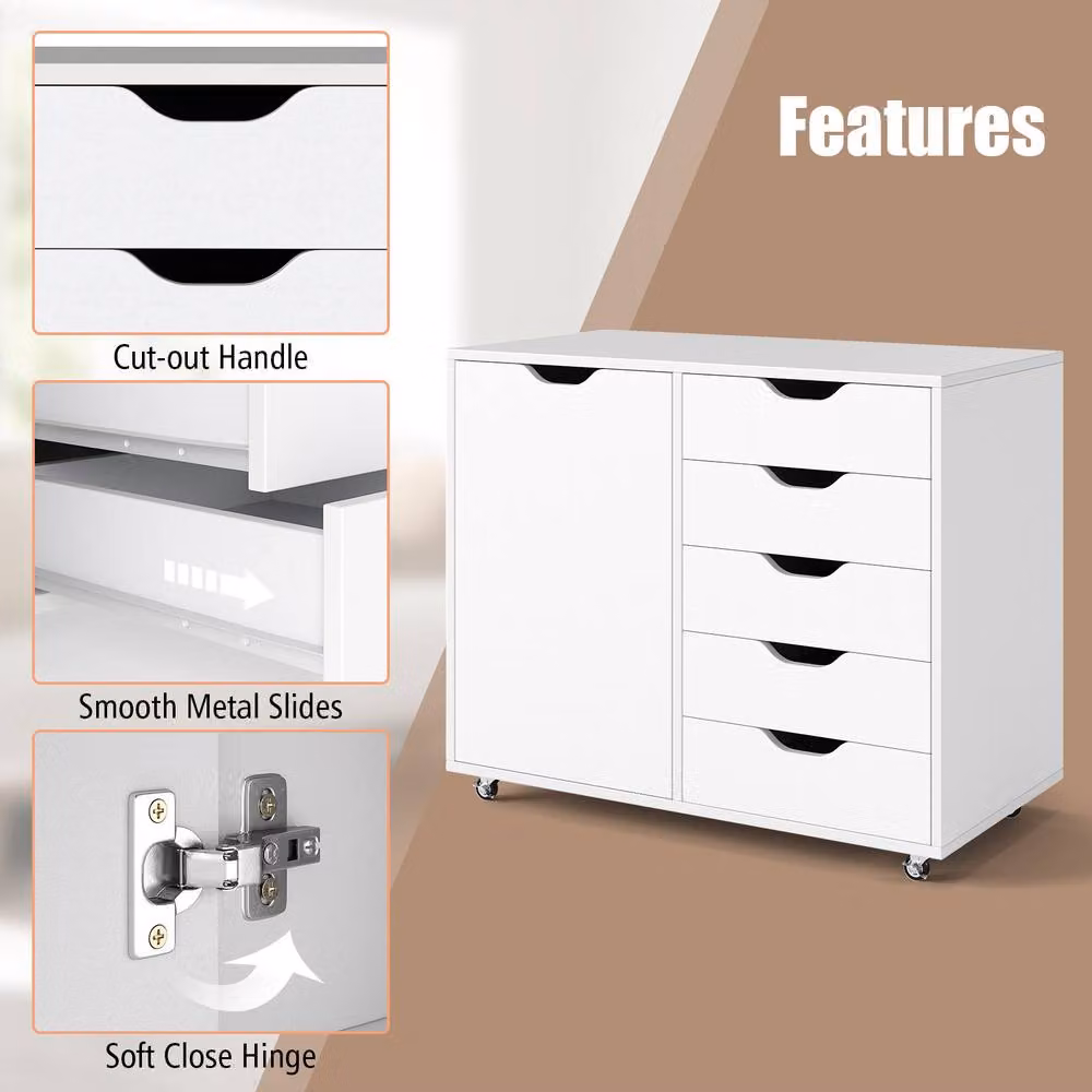 Costway Mobile 5-Drawer Chest with Adjustable Shelf in White – 2