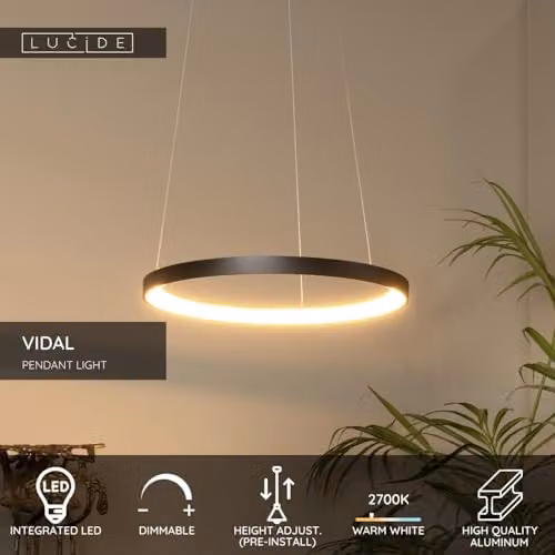 Lucide Vidal Dimmable LED Ring Pendant Light in Black, Diameter: 58 cm – 2
