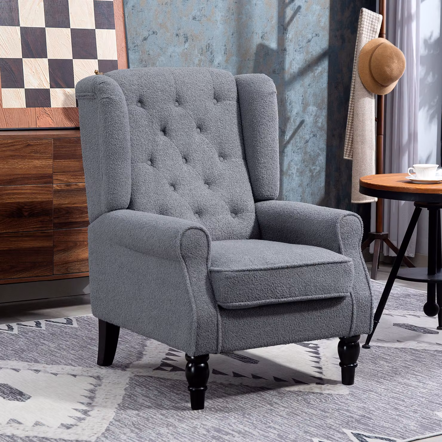 HOMCOM Grey Retro Wingback Accent Chair with Button Tufting and Solid Wood Frame – 2