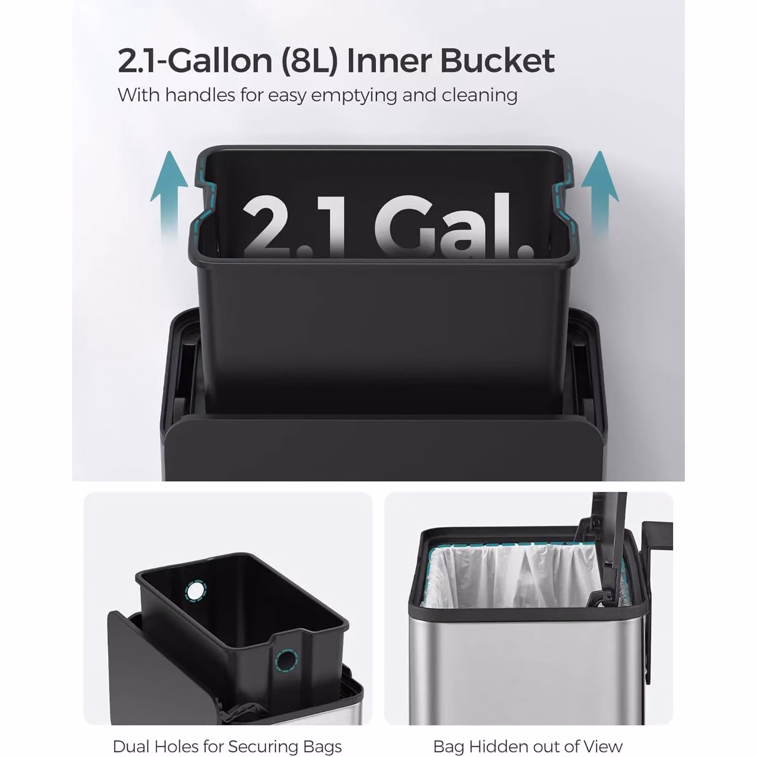 SONGMICS Small Hanging Kitchen Waste Bin with Flip Lid and Removable Inner Bucket, Silver Steel – 3