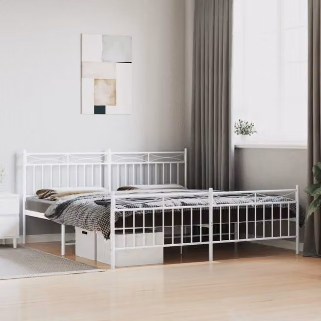 Berkfield Home Metal Bed Frame with Headboard and Footboard, White, W: 183 cm, L: 213 cm – 1