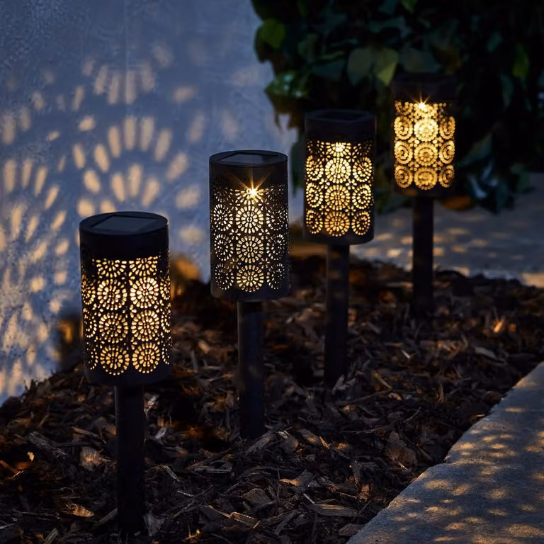 4 Marrakesh Moroccan Solar LED Garden Stake Lights in Black with Warm White Light