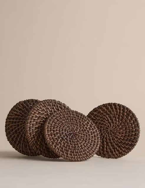 M&S Set of 4 Brown Rattan Coasters with Holder