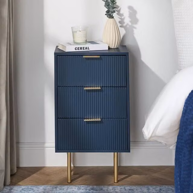 OHS Modern Ribbed 3-Drawer Bedside Table and Office Nightstand in Navy Blue