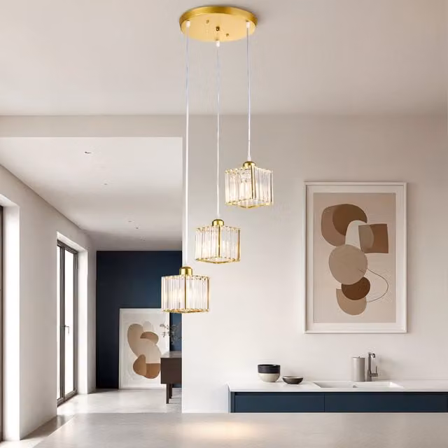 Livingandhome 3-Light Square Crystal Pendant Ceiling Light with Gold Finish
