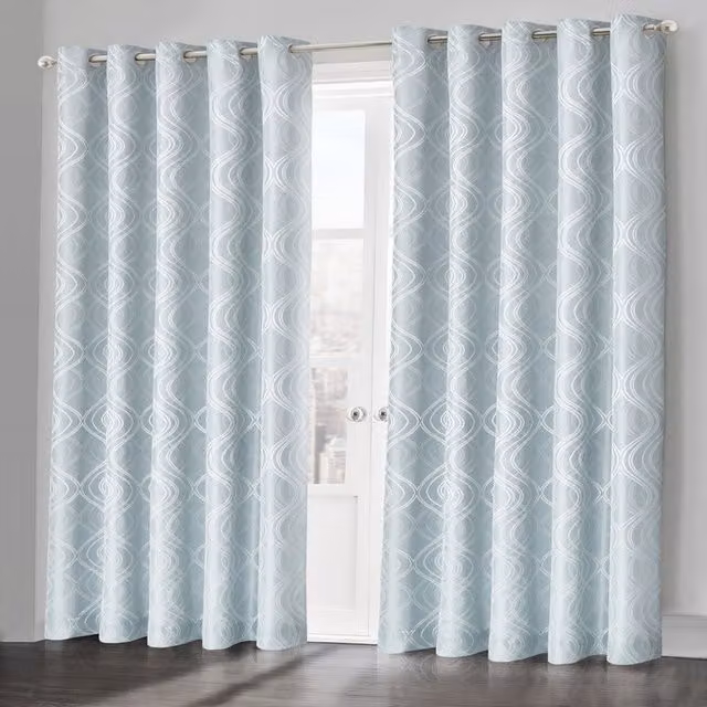 Velosso Modern Graphic Eyelet Fabric Curtain Pair in Blue and Turquoise