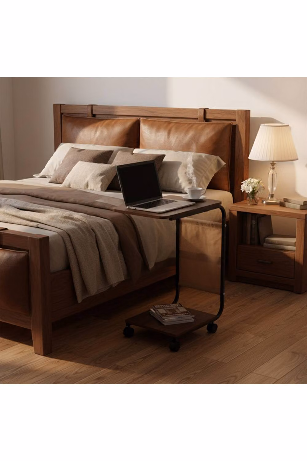 H&O Direct Modern C-Shaped Side Table with Storage Bag in Brown Walnut Finish – 3